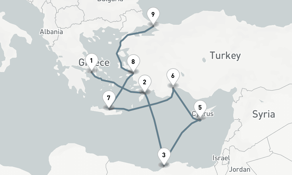 11 days, one-way from Piraeus-Athens to Istanbul 12日間