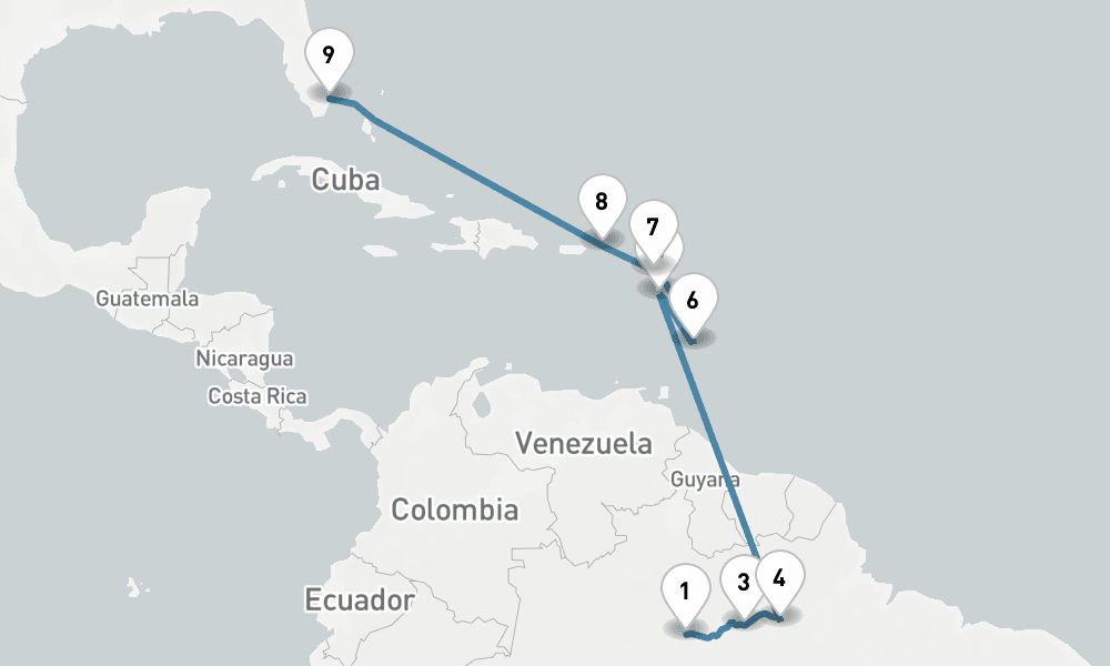 13 days, one-way from Manaus to Fort Lauderdale 14日間