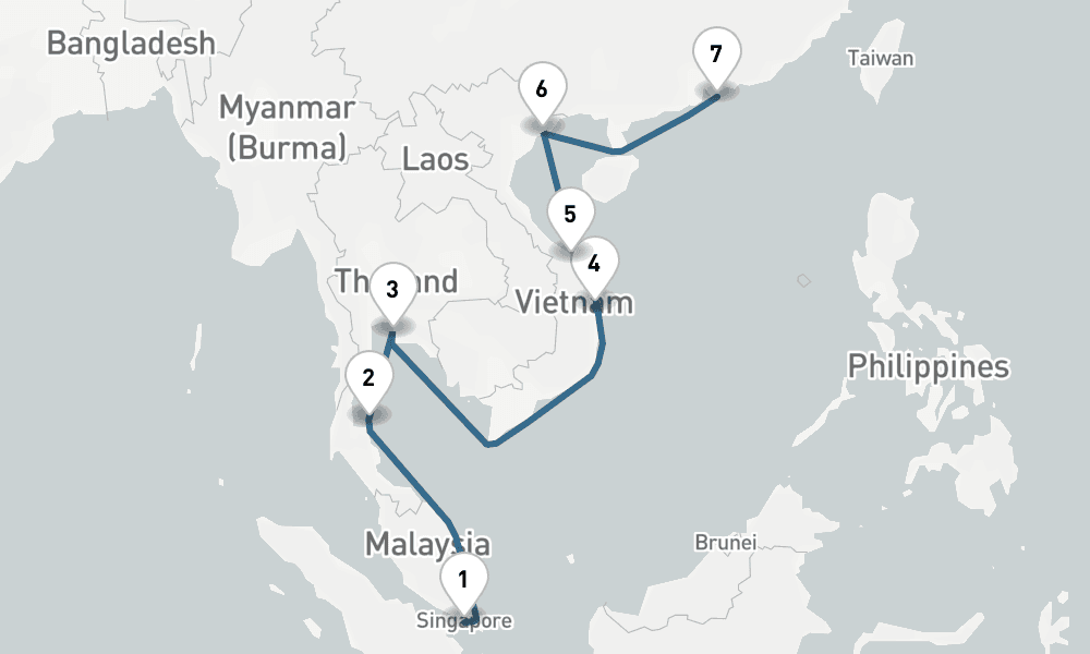 11 days, one-way from Singapore to Hong Kong 12日間