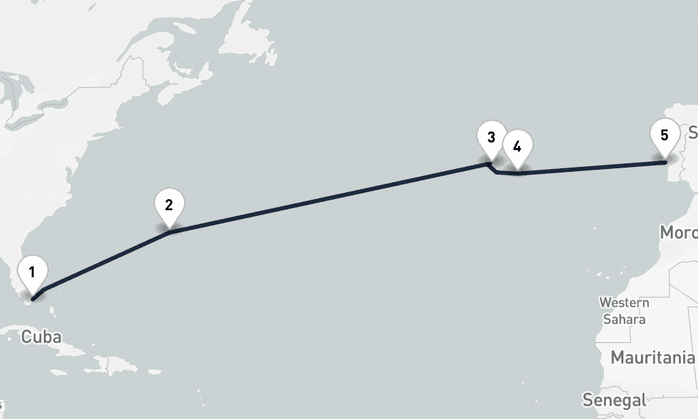 12 days, one-way from Miami to Lisbon 13日間