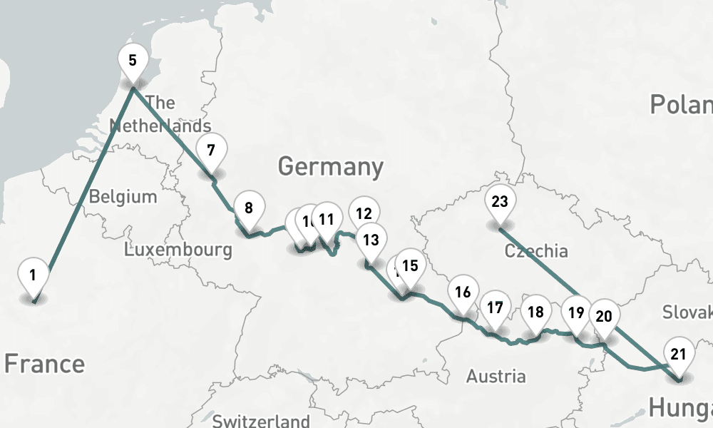 20 nights / 21 days, one-way from Paris to Prague (Czech Republic)