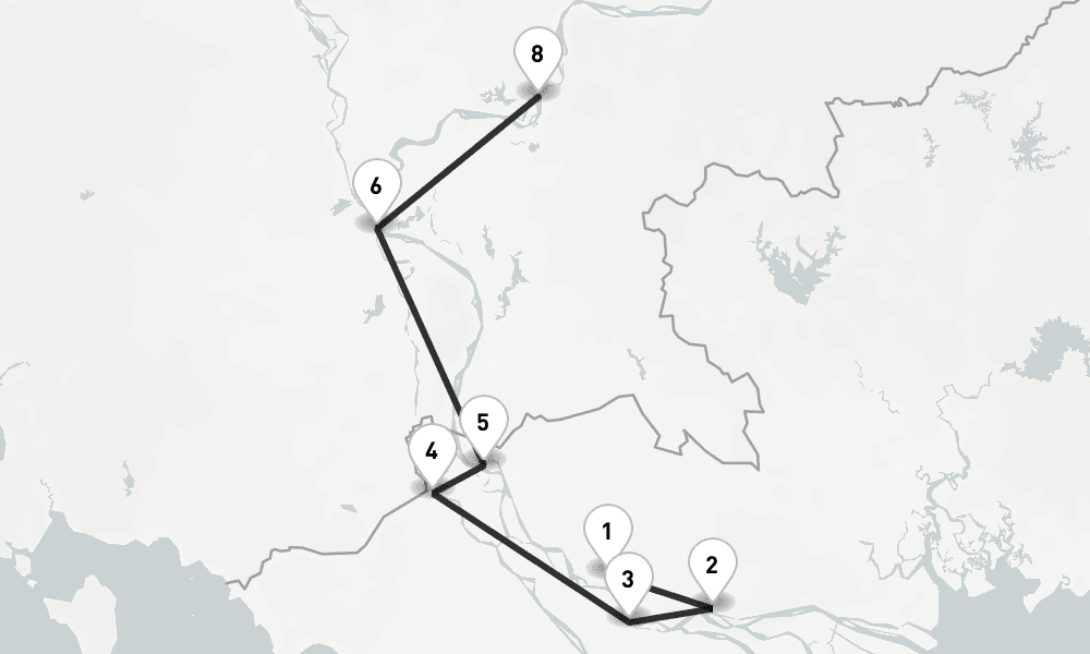 12 days, one-way from My Tho to Kampong Cham 13日間