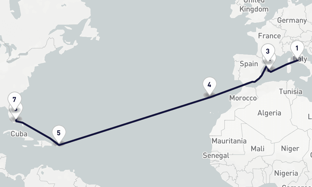 17 days, one-way from Civitavecchia-Rome to Port Canaveral 18日間