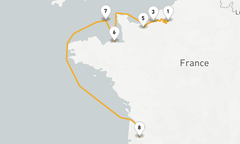 8 days, one-way from Rouen to Bordeaux 9日間