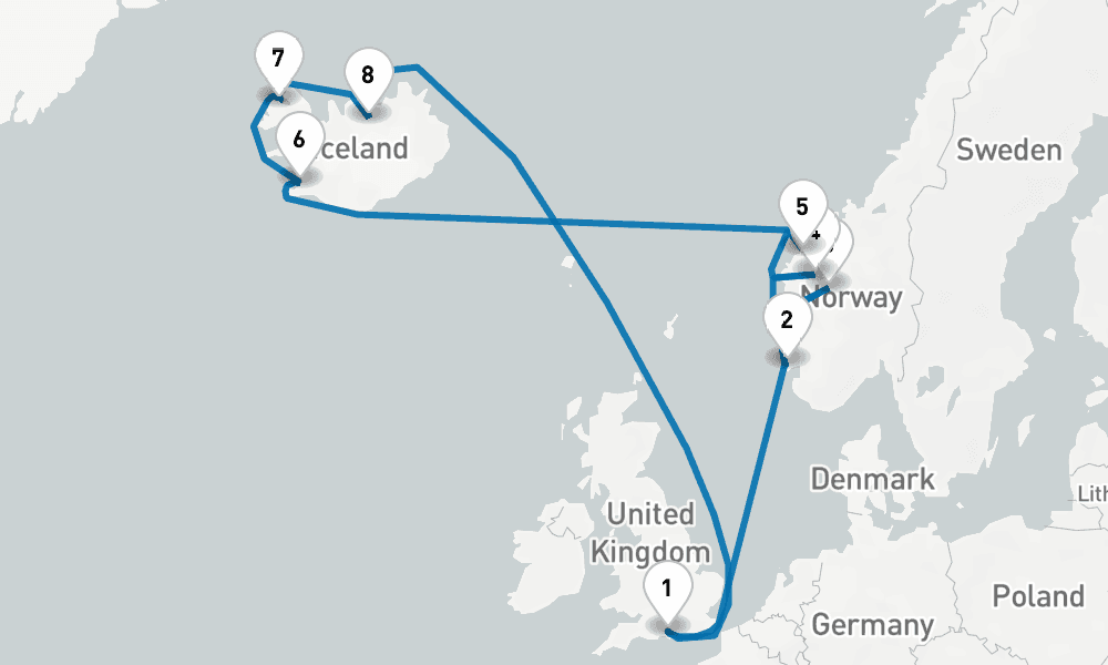 14 days, round-trip Iceland Norway 15日間