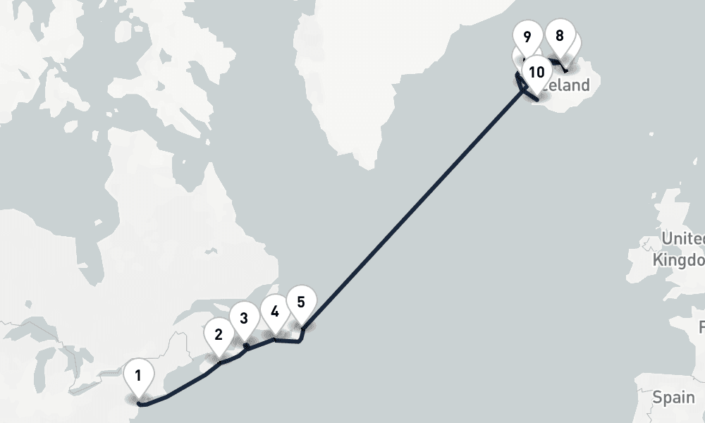 14 days, one-way from New York to Reykjavik 15日間