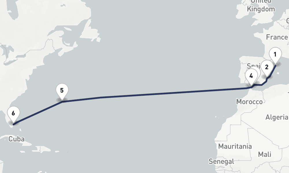 14 days, one-way from Barcelona to Fort Lauderdale 15日間