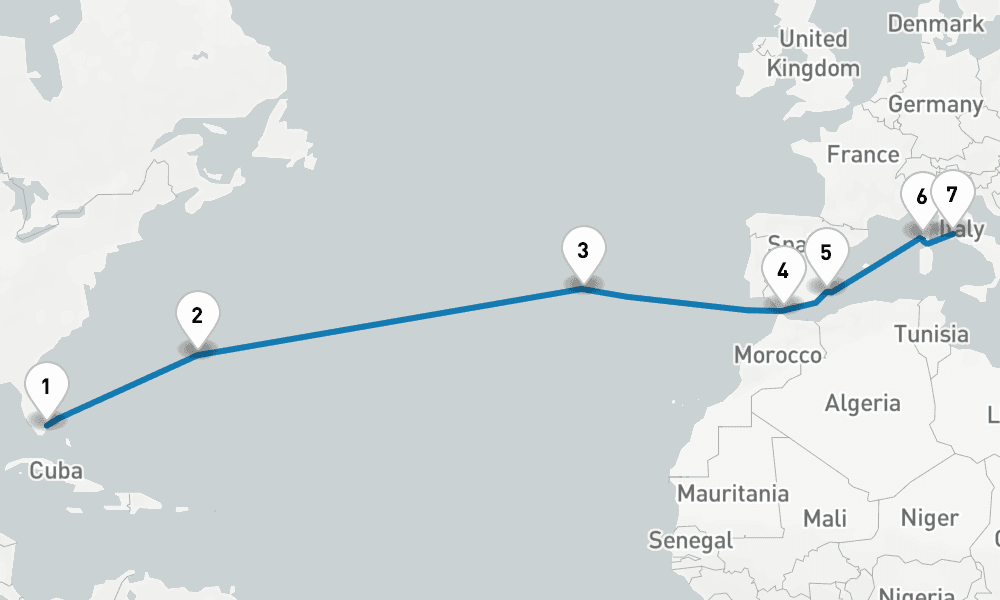15 days, one-way from Fort Lauderdale to Civitavecchia-Rome 16日間