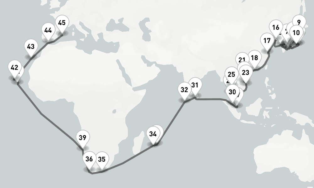 86 days, one-way from Yokohama to Palma de Mallorca 87日間