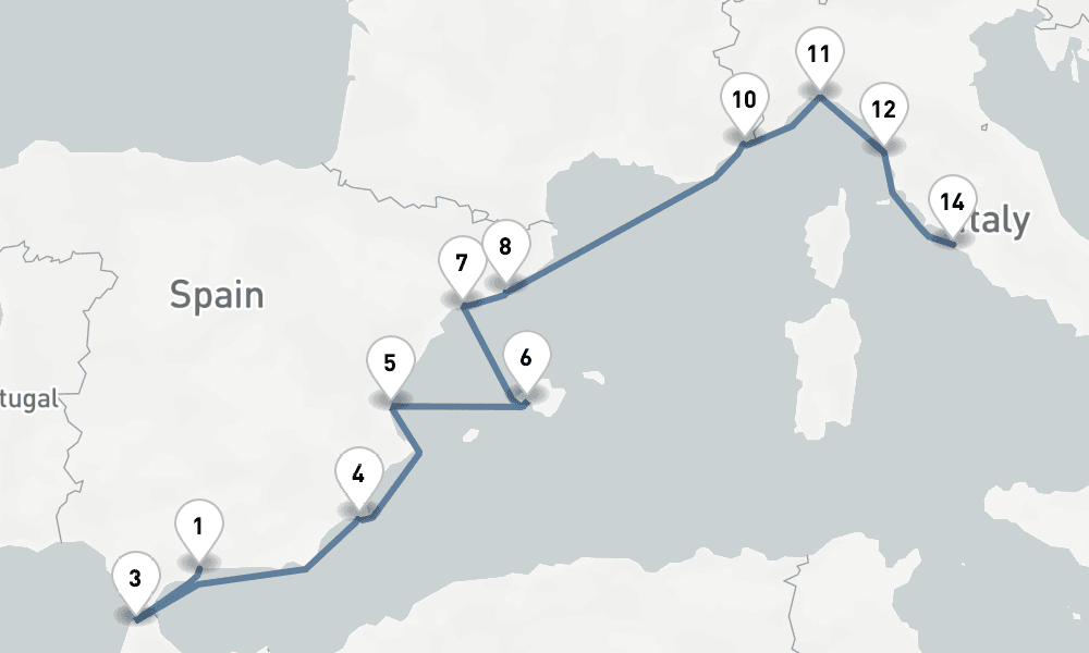 15 days, one-way from Malaga to Civitavecchia-Rome 16日間