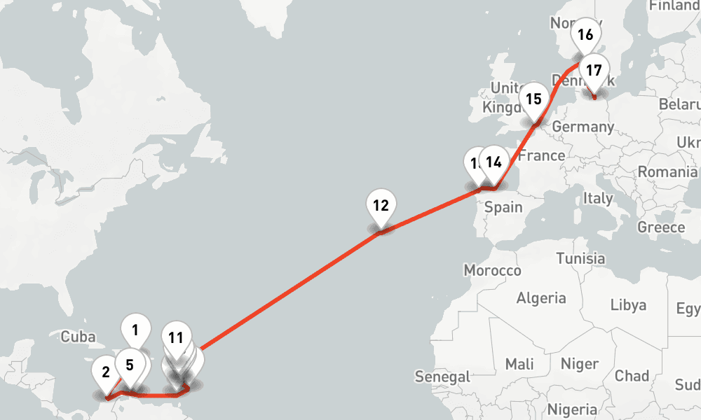 28 days, one-way from La Romana to Warnemunde-Rostock 29日間