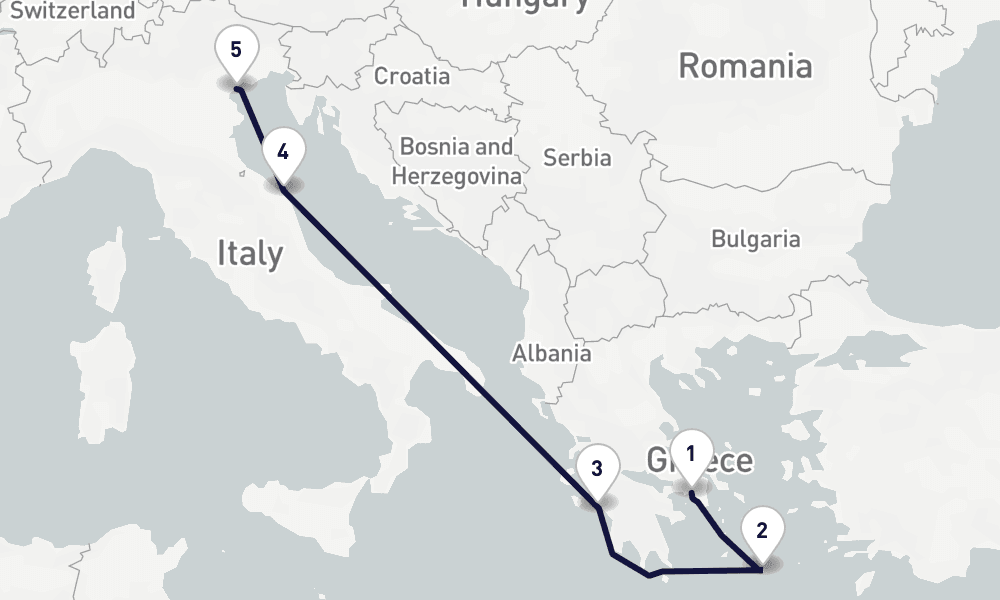 5 days, one-way from Piraeus-Athens to Venice 6日間