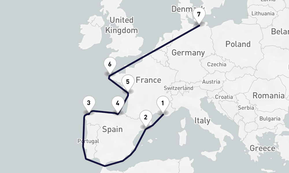 10 days, one-way from Marseille to Warnemunde-Rostock 11日間
