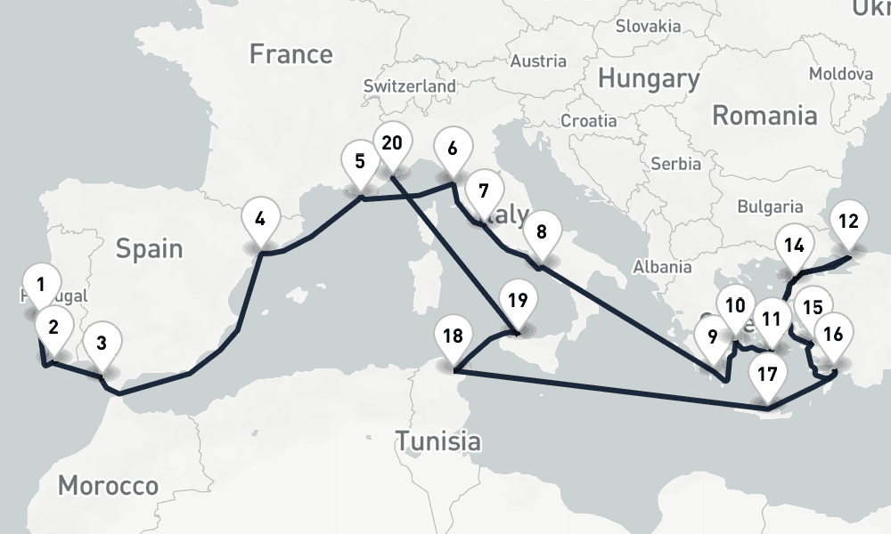 23 days, one-way from Lisbon to Monte Carlo 24日間