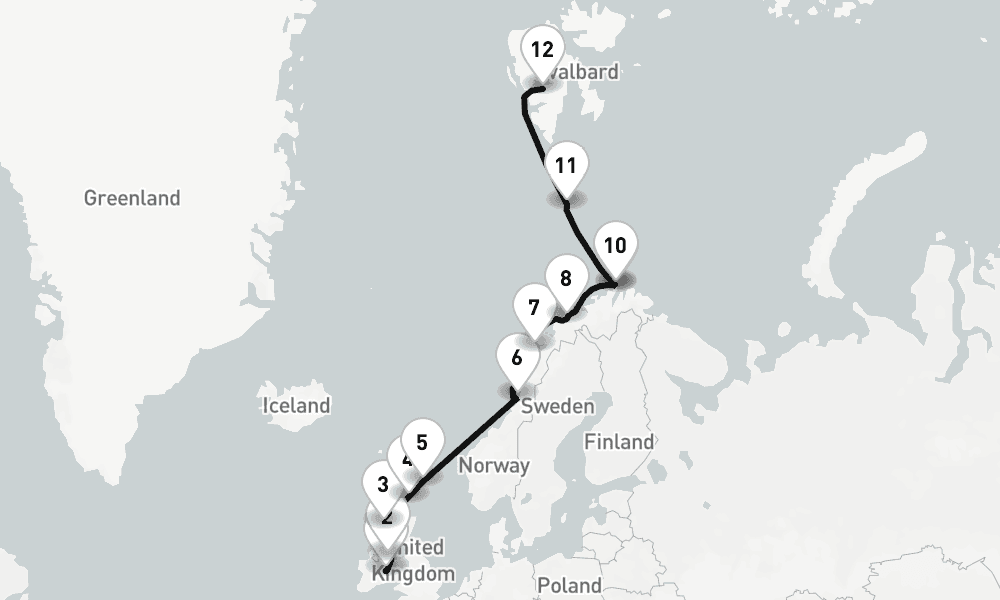 18 days, one-way from Dublin to Longyearbyen 19日間