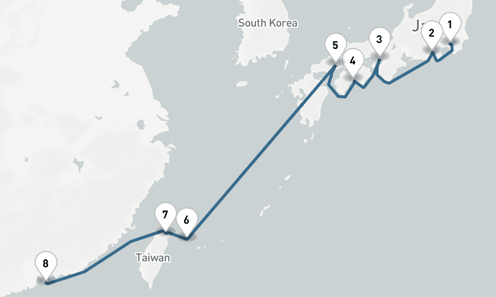 9 days, one-way from Yokohama to Hong Kong 10日間