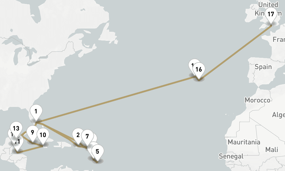 33 days, one-way from Miami to Southampton 34日間