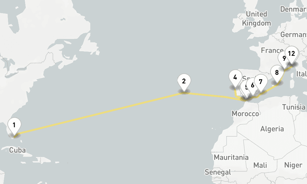 24 days, one-way from Miami to Genoa 25日間