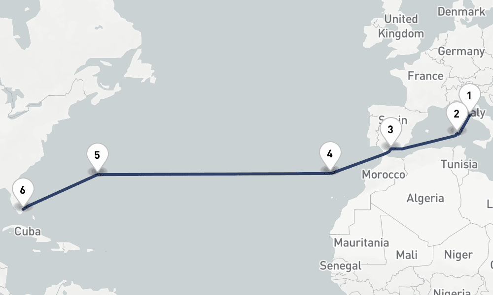 14 days, one-way from Civitavecchia-Rome to Fort Lauderdale 15日間