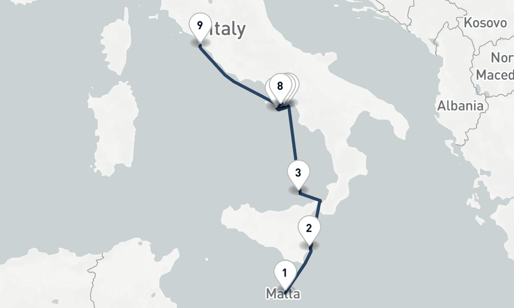 7 days, one-way from Valletta to Civitavecchia-Rome 8日間