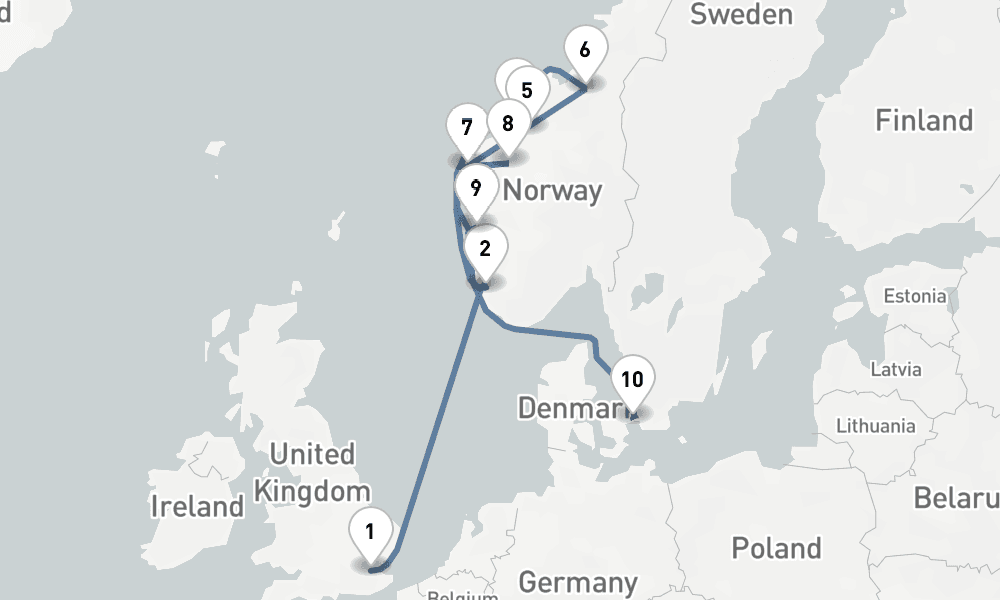 11 days, one-way from London-Tilbury to Copenhagen 12日間