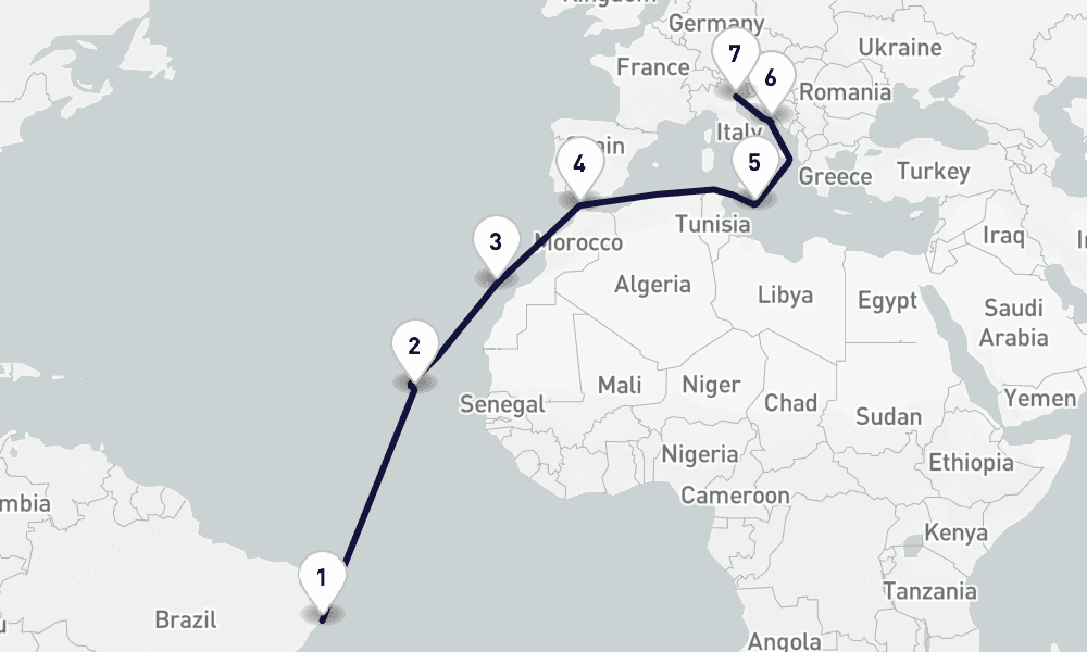 16 days, one-way from Maceio to Venice 17日間