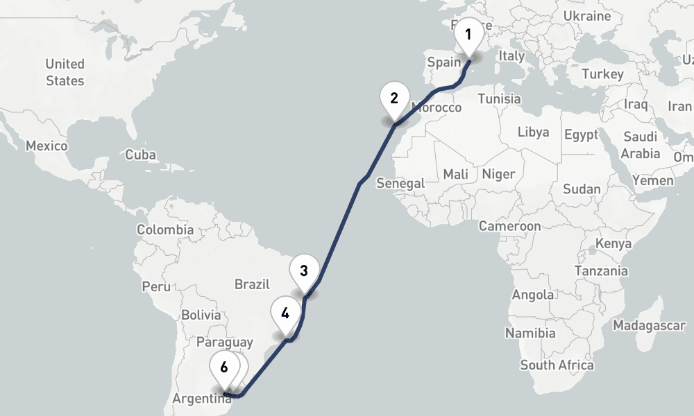 16 days, one-way from Barcelona to Buenos Aires 17日間