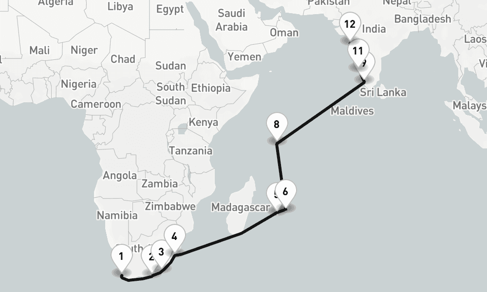 22 days, one-way from Cape Town to Mumbai 23日間