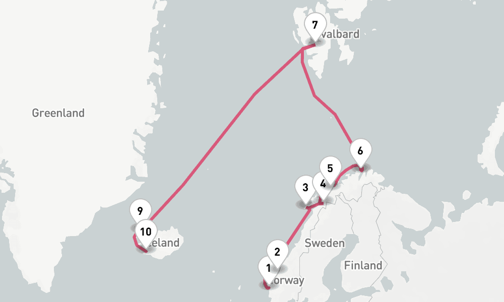 14 days, one-way from Bergen to Reykjavik 15日間