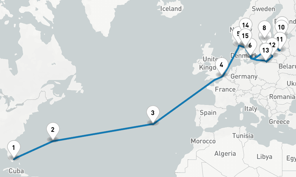 27 days, one-way from Fort Lauderdale to Copenhagen 28日間