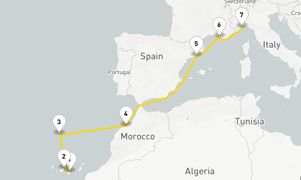 8 days, one-way from Las Palmas de Gran Canaria to Savona 9日間