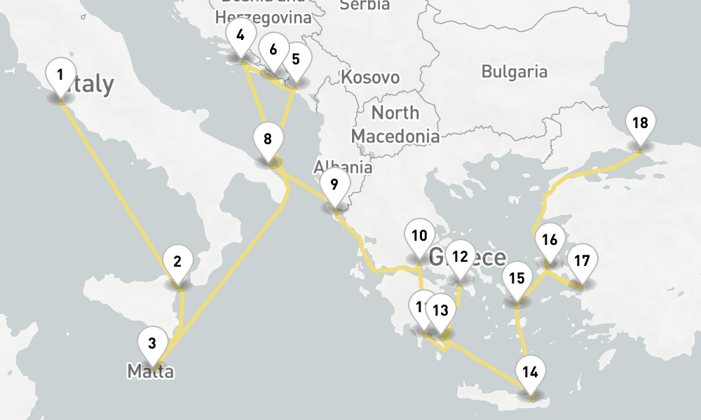 21 days, one-way from Civitavecchia-Rome to Istanbul 22日間