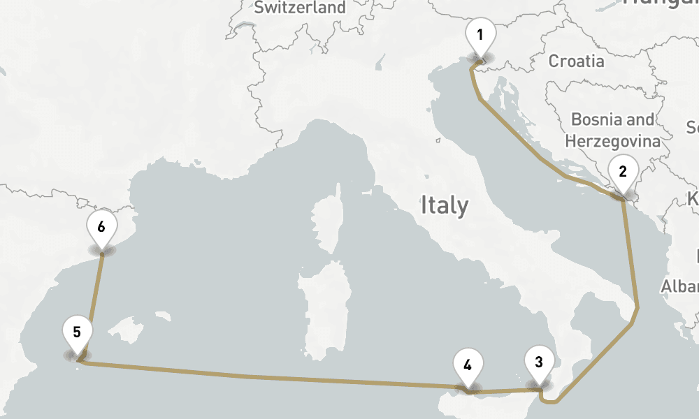 7 days, one-way from Trieste to Barcelona 8日間