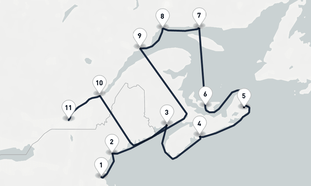 11 days, one-way from Boston to Montreal 12日間