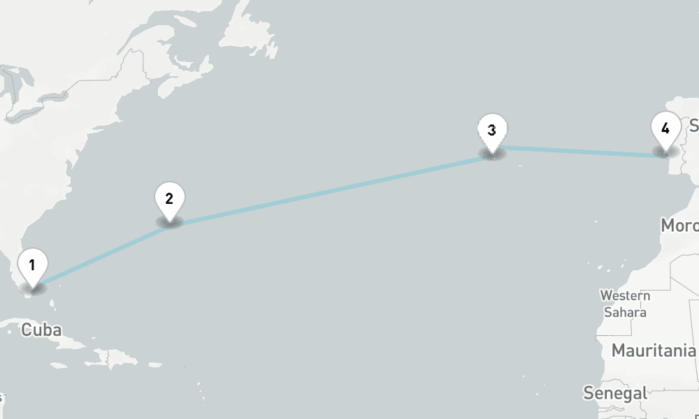 12 days, one-way from Miami to Lisbon 13日間