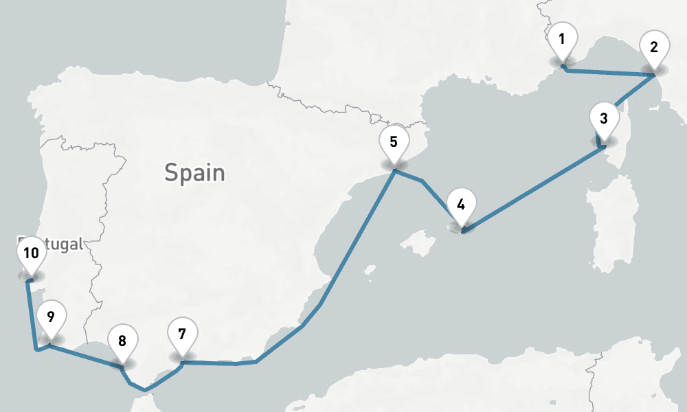 10 days, one-way from Monte Carlo to Lisbon 11日間