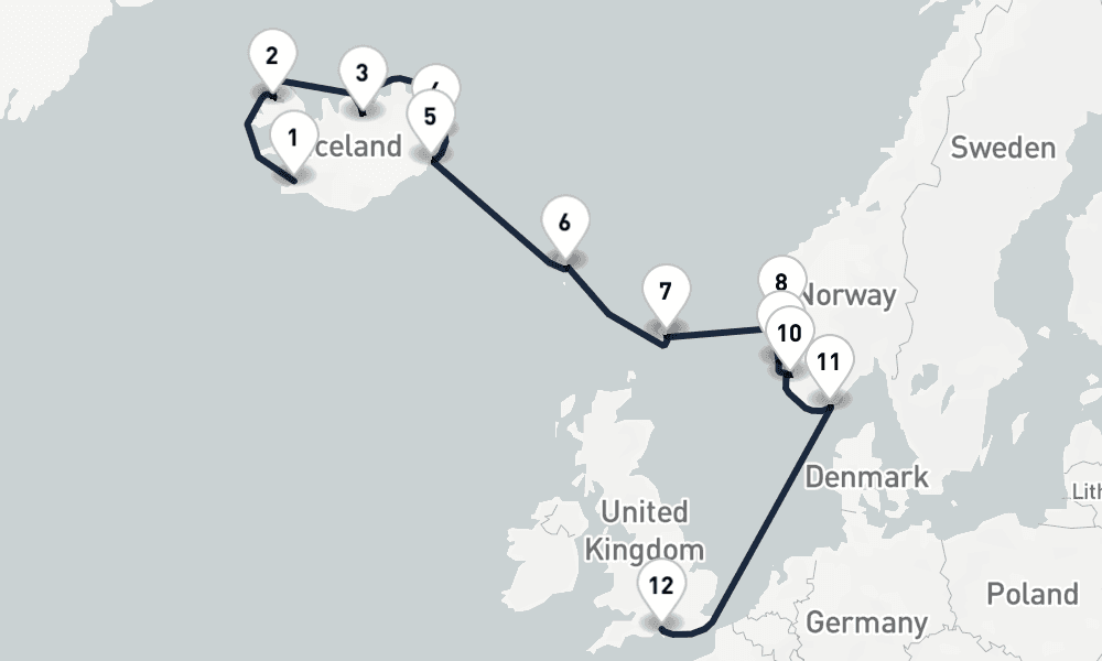 12 days, one-way from Reykjavik to Southampton 13日間