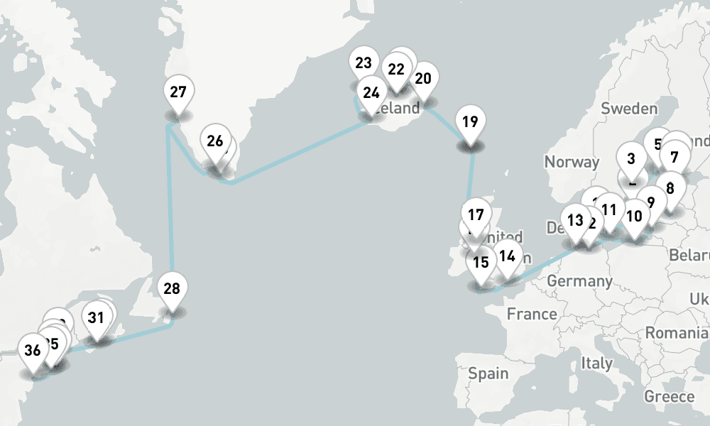 43 days, one-way from Copenhagen to New York 44日間