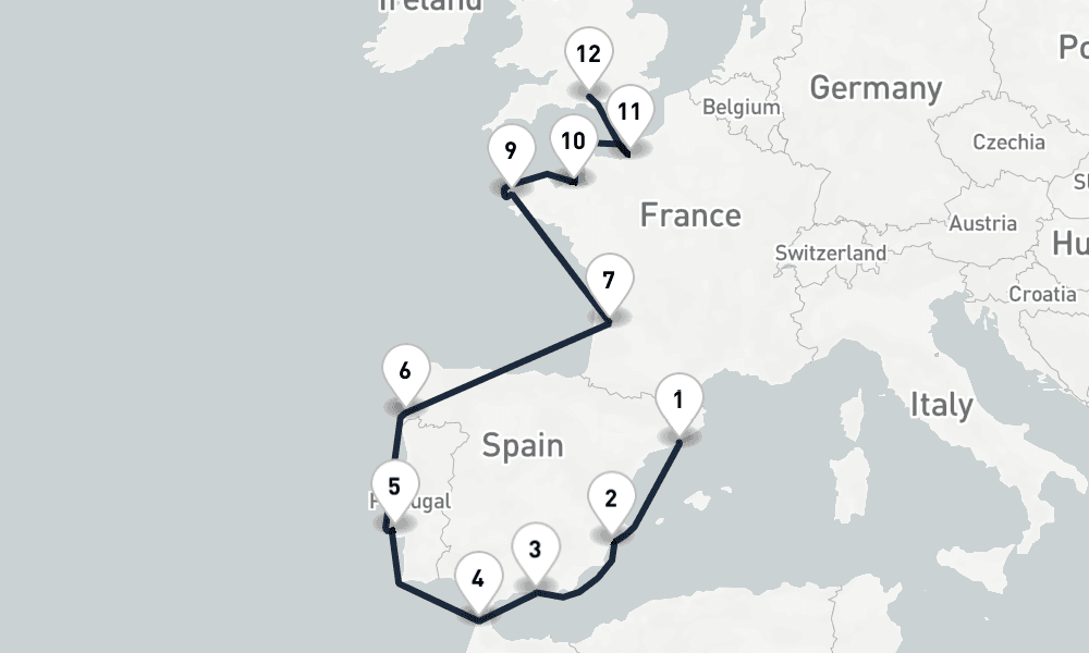 12 days, one-way from Barcelona to Southampton 13日間