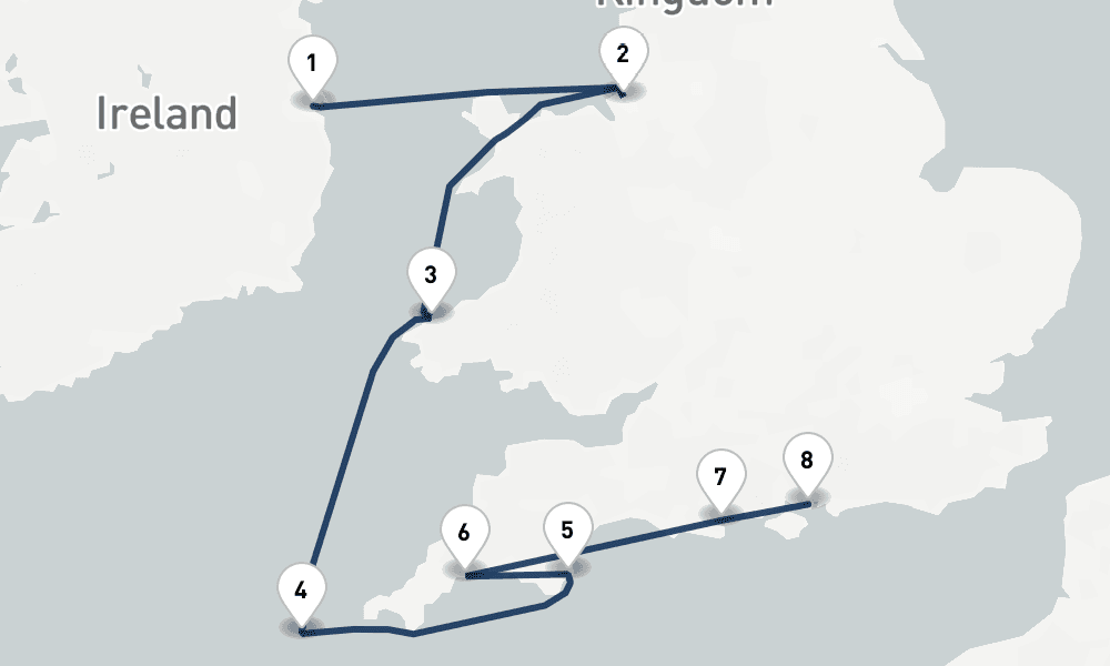 7 days, one-way from Dublin to Portsmouth UK 8日間