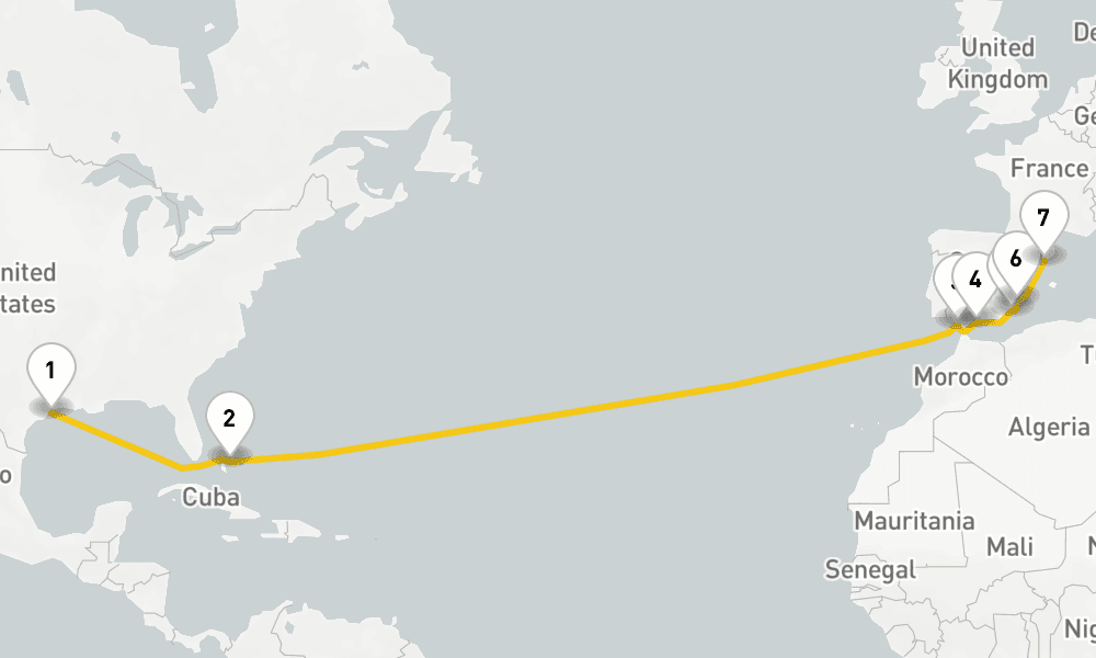 16 days, one-way from Galveston to Barcelona 17日間