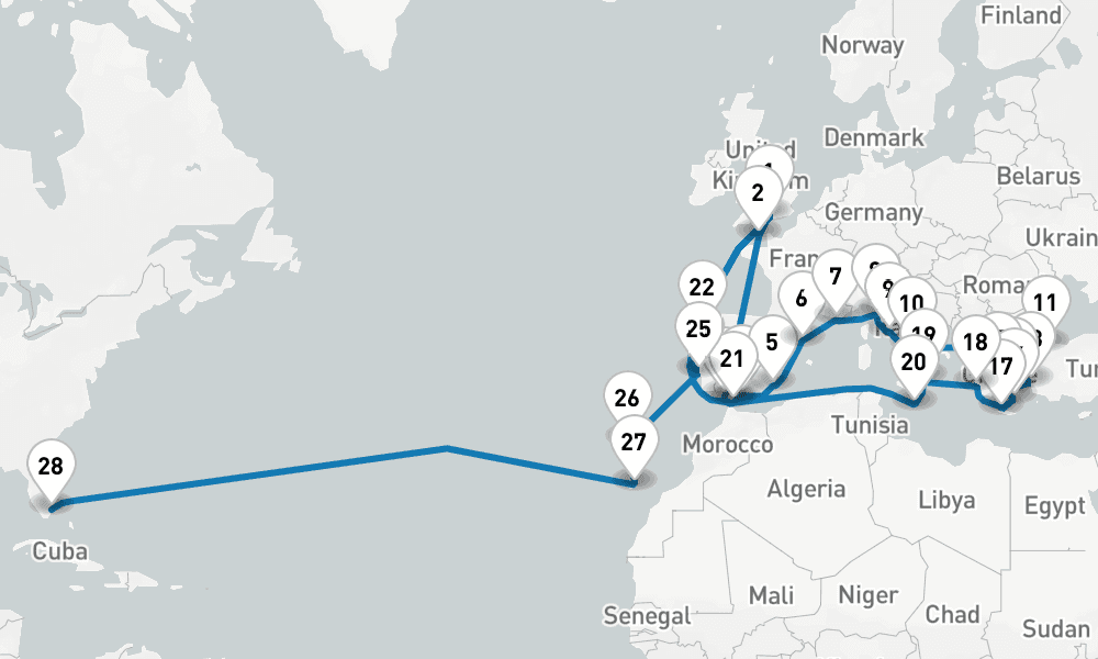 46 days, one-way from Southampton to Fort Lauderdale 47日間