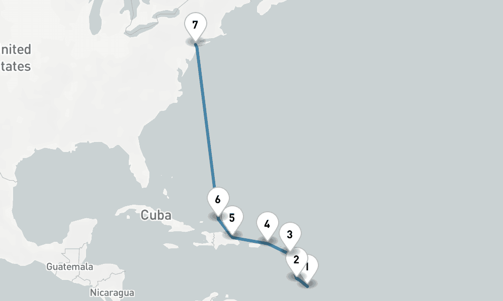 8 days, one-way from Bridgetown to New York 9日間