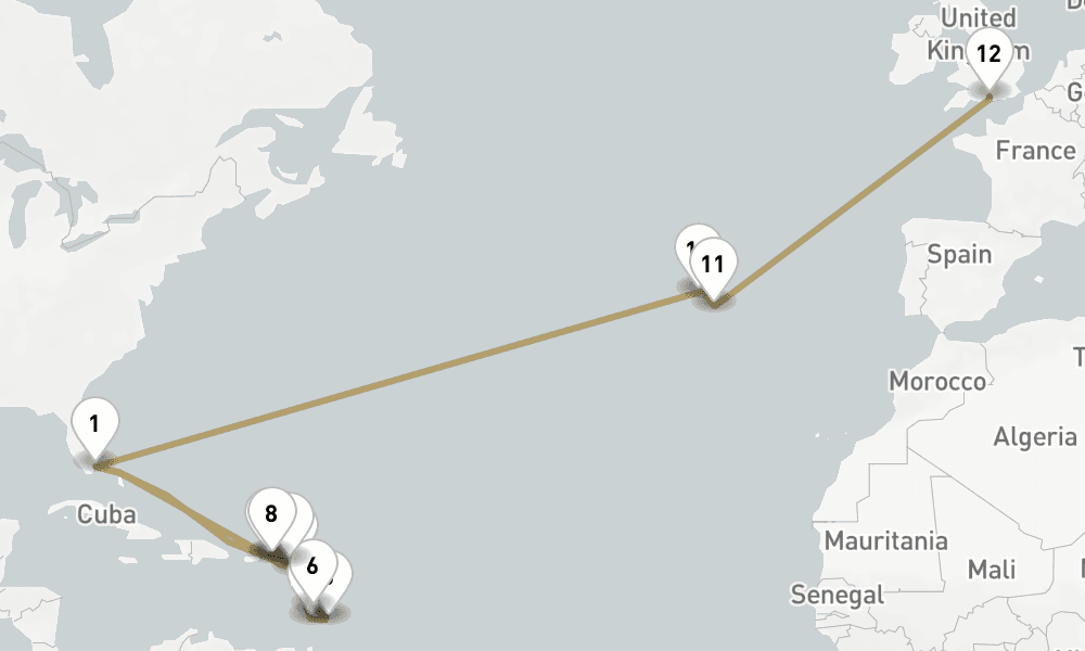 26 days, one-way from Miami to Southampton 27日間