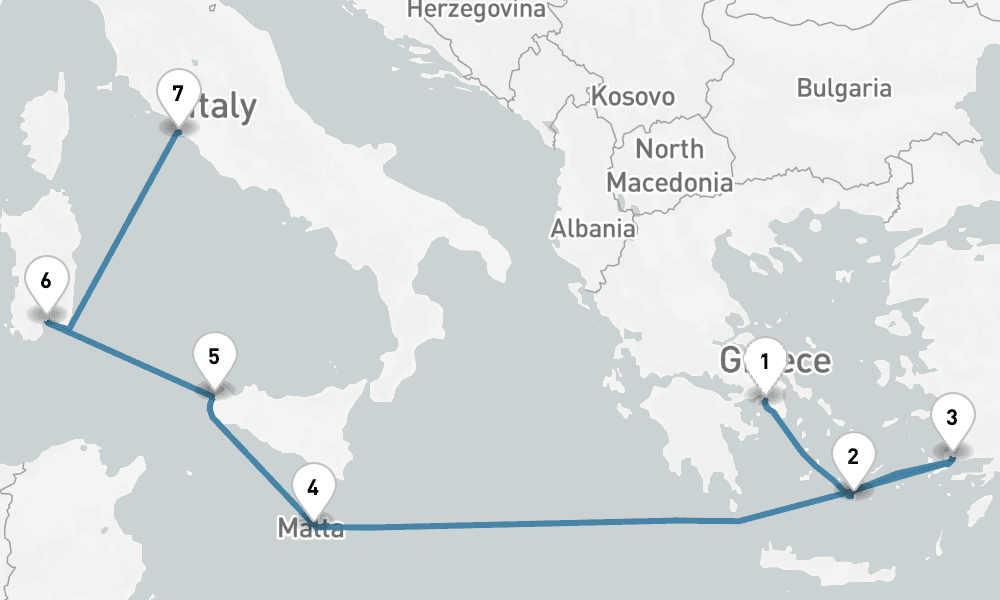 7 days, one-way from Piraeus-Athens to Civitavecchia-Rome 8日間