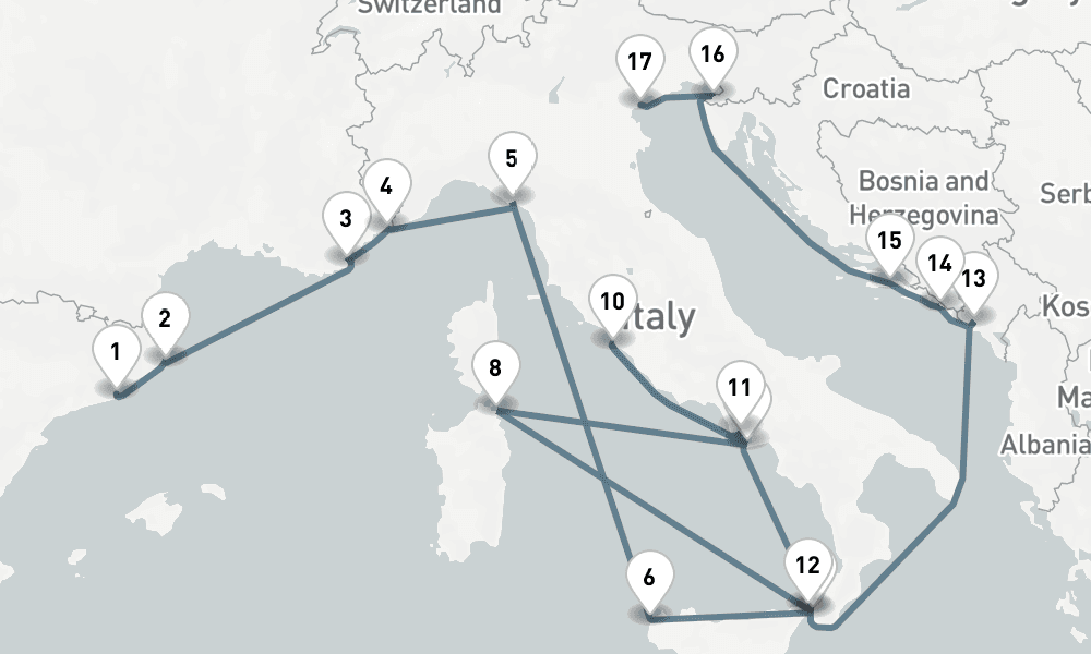 18 days, one-way from Barcelona to Venice 19日間