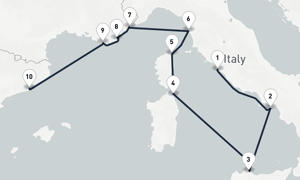 10 days, one-way from Civitavecchia-Rome to Barcelona 11日間