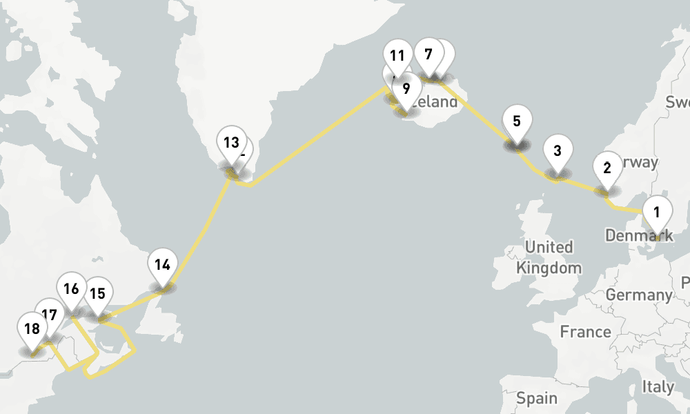 24 days, one-way from Copenhagen to Montreal 25日間