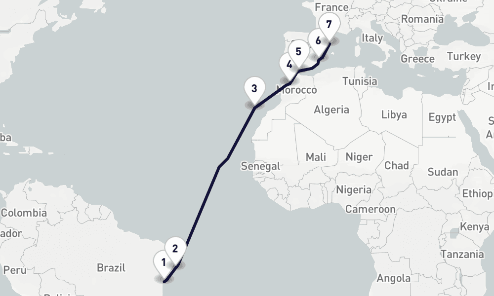 13 days, one-way from Salvador de Bahia to Barcelona 14日間