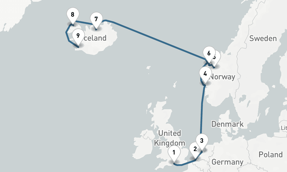11 days, one-way from Southampton to Reykjavik 12日間
